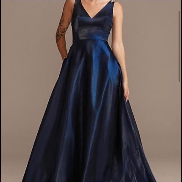 David’s Bridal V neck Satin Ballgown with Rhinestone Crystal Straps - Picture 1 of 4